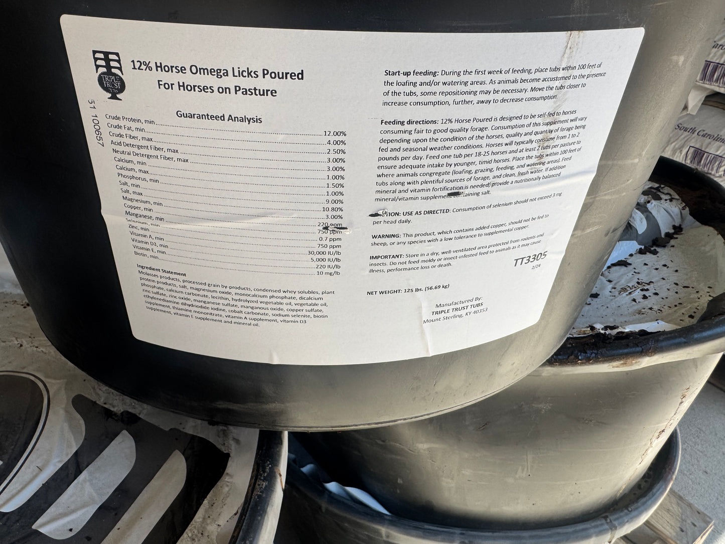 12% Horse Omega Lick Tub Poured 125lbs